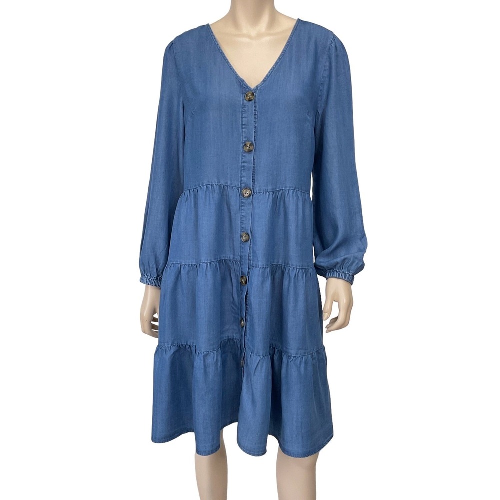 Casa Cabana Dress Womens Large Blue Long Sleeve V-Neck Tiered Chambray NWT